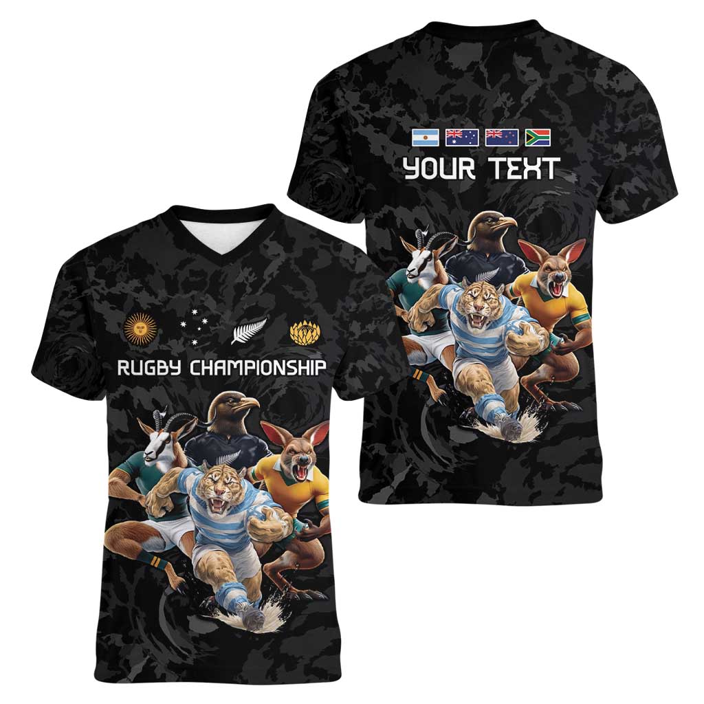Custom Rugby Southern Hemisphere Women V-Neck T-Shirt Argentina AUNZ South Africa Mascot Black LT9 - Polynesian Pride