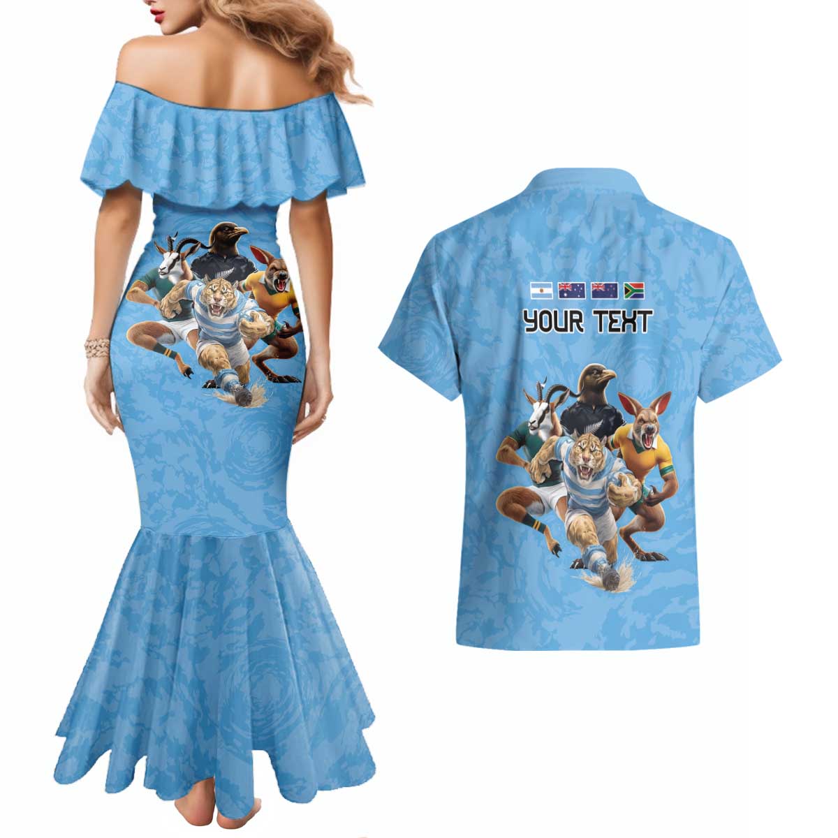 Custom Rugby Southern Hemisphere Couples Matching Mermaid Dress and Hawaiian Shirt Argentina AUNZ South Africa Mascot Blue - Polynesian Pride