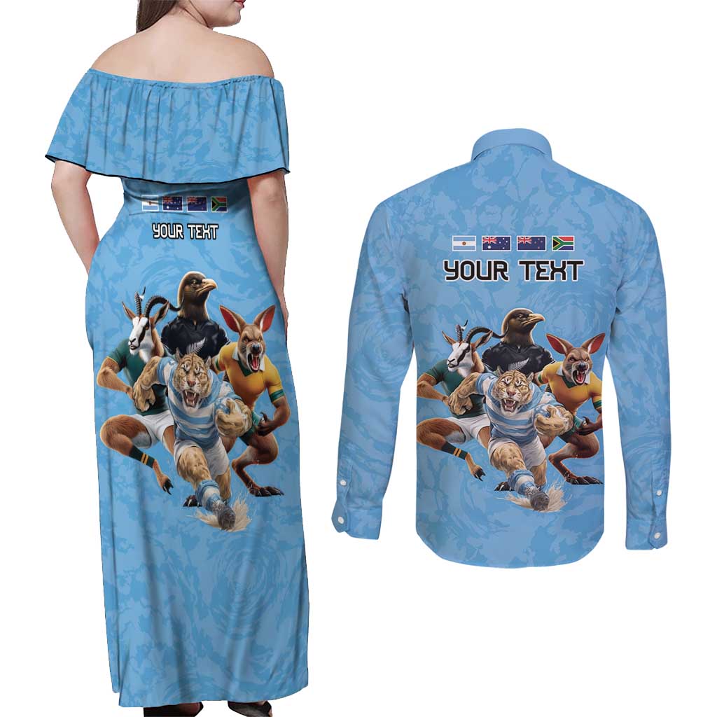 Custom Rugby Southern Hemisphere Couples Matching Off Shoulder Maxi Dress and Long Sleeve Button Shirt Argentina AUNZ South Africa Mascot Blue - Polynesian Pride