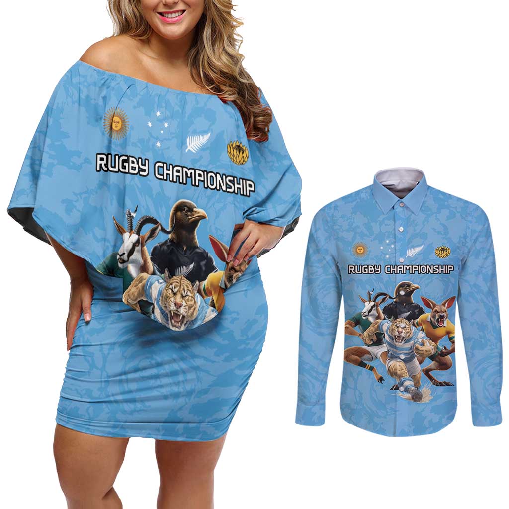 Custom Rugby Southern Hemisphere Couples Matching Off Shoulder Short Dress and Long Sleeve Button Shirt Argentina AUNZ South Africa Mascot Blue - Polynesian Pride