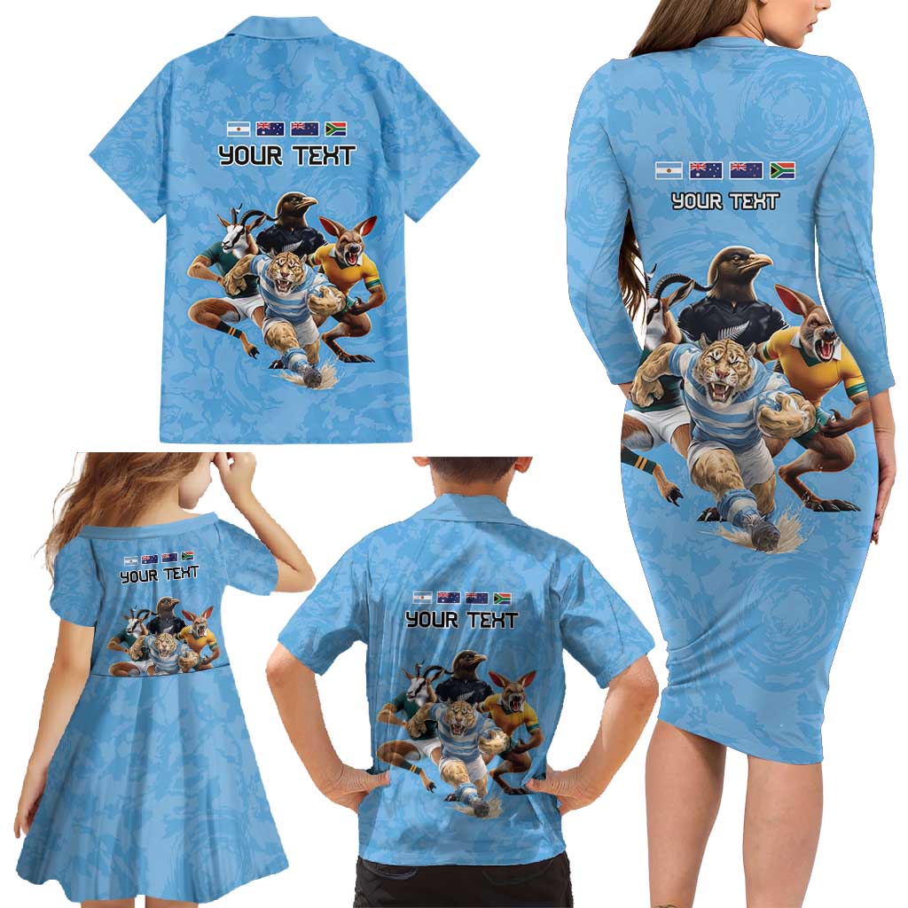 Custom Rugby Southern Hemisphere Family Matching Long Sleeve Bodycon Dress and Hawaiian Shirt Argentina AUNZ South Africa Mascot Blue - Polynesian Pride