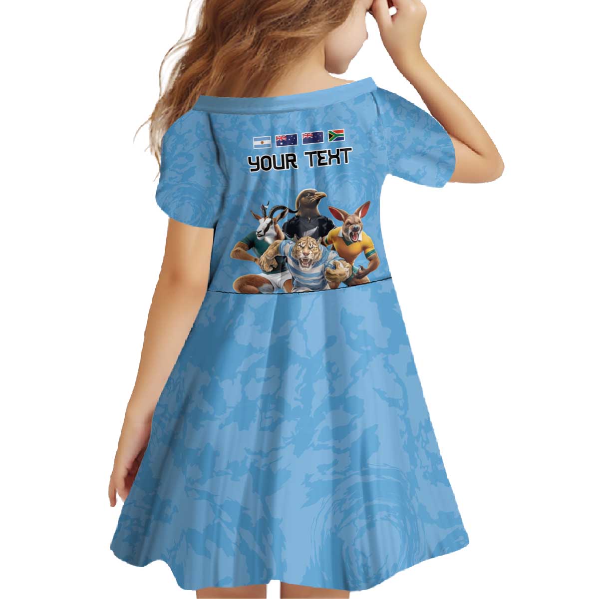 Custom Rugby Southern Hemisphere Family Matching Off The Shoulder Long Sleeve Dress and Hawaiian Shirt Argentina AUNZ South Africa Mascot Blue - Polynesian Pride