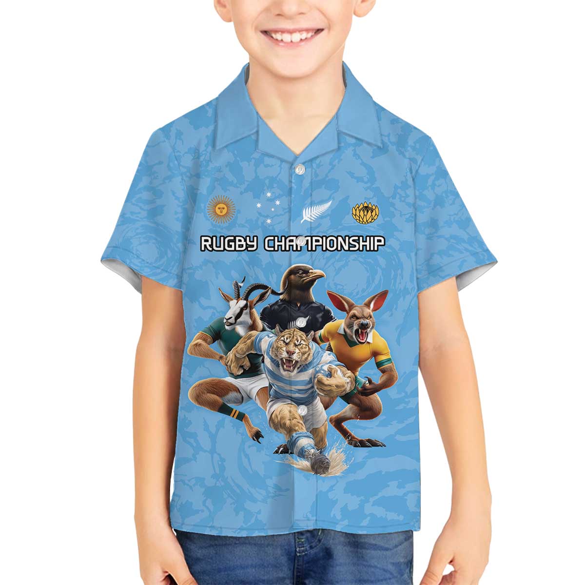 Custom Rugby Southern Hemisphere Family Matching Off The Shoulder Long Sleeve Dress and Hawaiian Shirt Argentina AUNZ South Africa Mascot Blue - Polynesian Pride