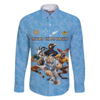 Custom Rugby Southern Hemisphere Family Matching Off Shoulder Short Dress and Hawaiian Shirt Argentina AUNZ South Africa Mascot Blue - Polynesian Pride