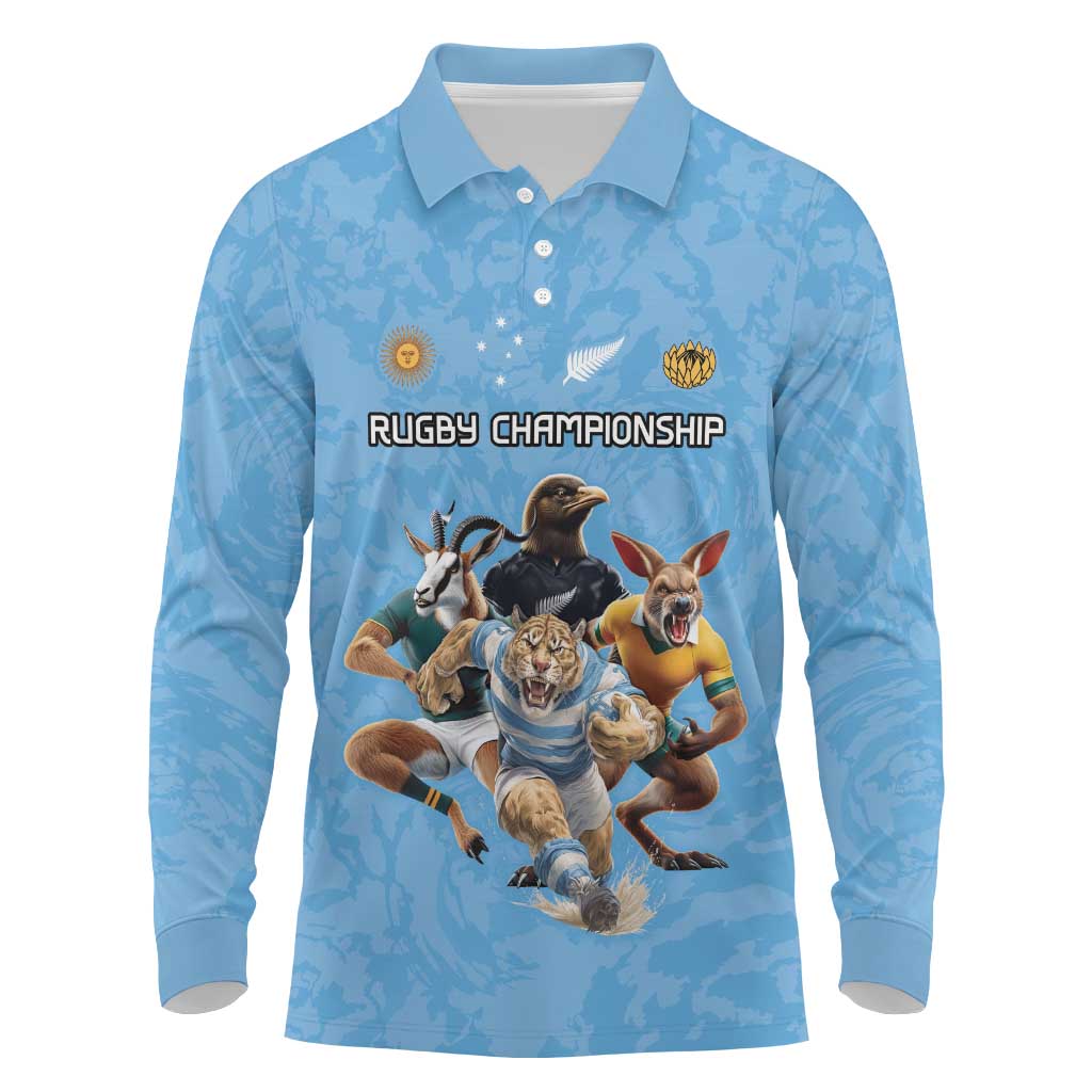 Custom Rugby Southern Hemisphere Long Sleeve Polo Shirt Argentina AUNZ South Africa Mascot Blue - Polynesian Pride