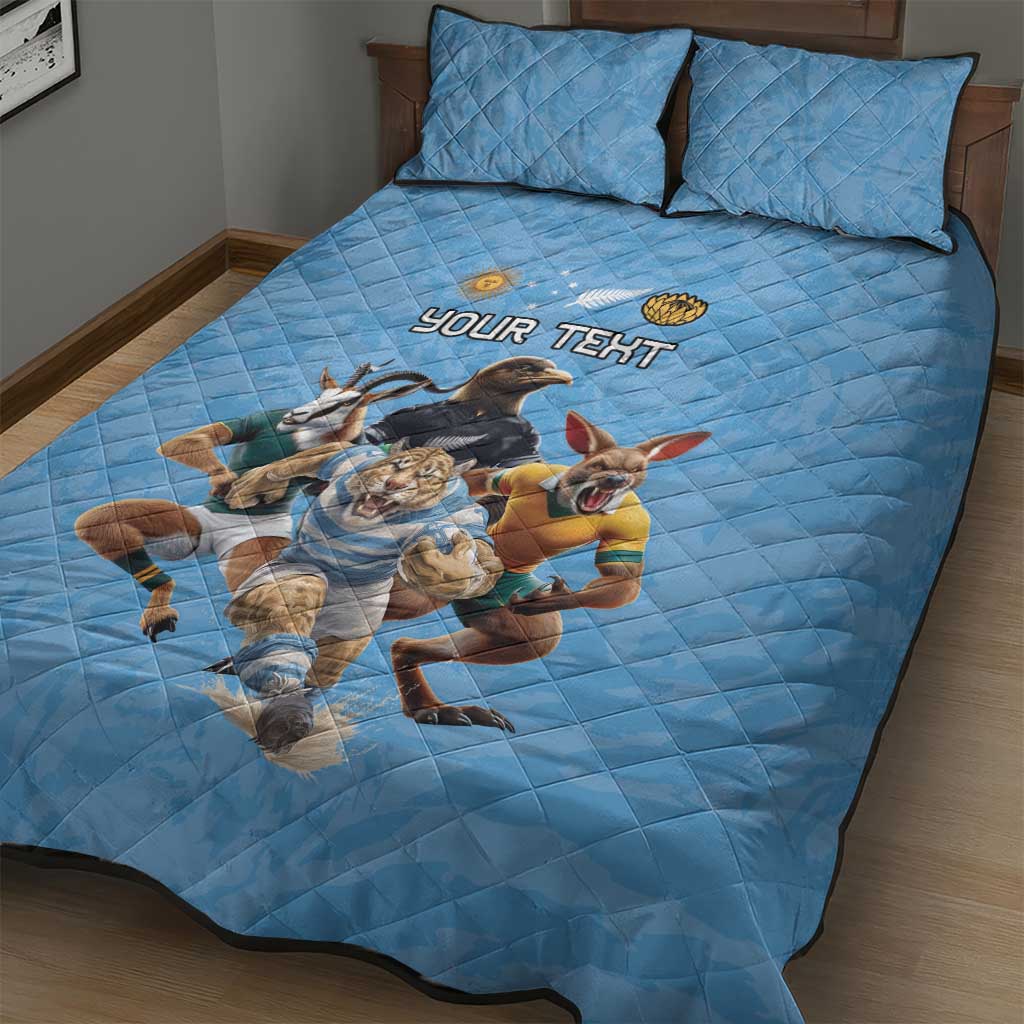 Custom Rugby Southern Hemisphere Quilt Bed Set Argentina AUNZ South Africa Mascot Blue - Polynesian Pride