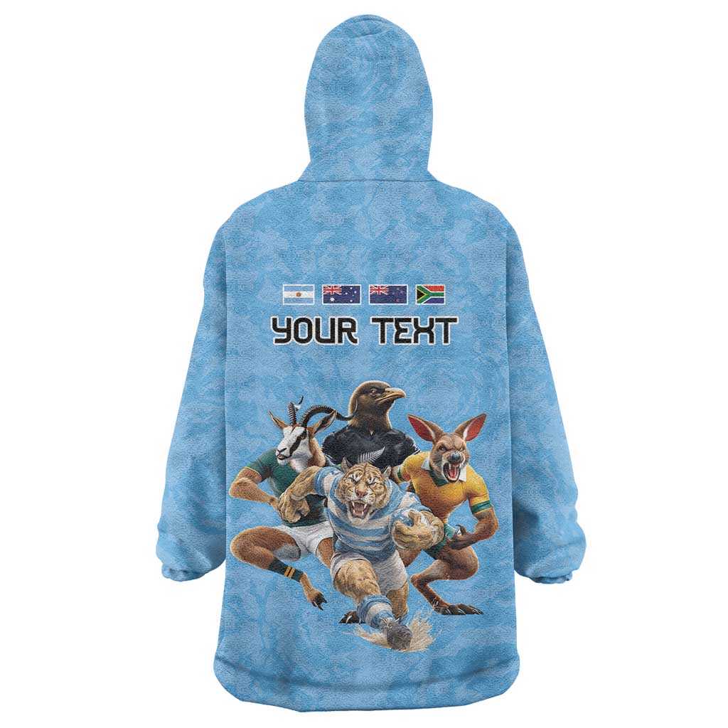 Custom Rugby Southern Hemisphere Wearable Blanket Hoodie Argentina AUNZ South Africa Mascot Blue - Polynesian Pride