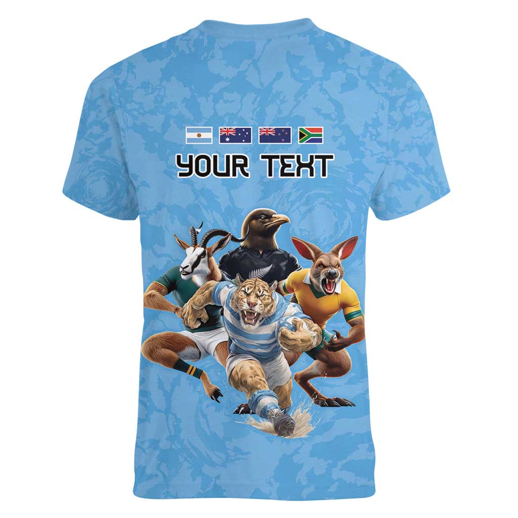 Custom Rugby Southern Hemisphere Women V-Neck T-Shirt Argentina AUNZ South Africa Mascot Blue - Polynesian Pride