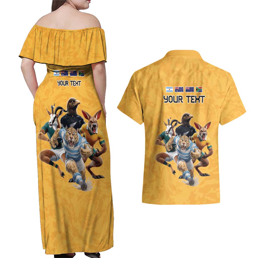 Custom Rugby Southern Hemisphere Couples Matching Off Shoulder Maxi Dress and Hawaiian Shirt Argentina AUNZ South Africa Mascot Gold - Polynesian Pride