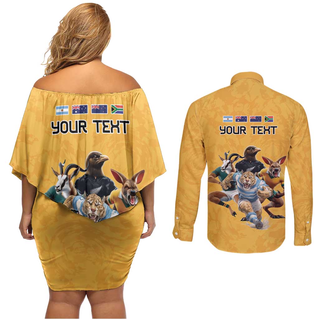Custom Rugby Southern Hemisphere Couples Matching Off Shoulder Short Dress and Long Sleeve Button Shirt Argentina AUNZ South Africa Mascot Gold - Polynesian Pride