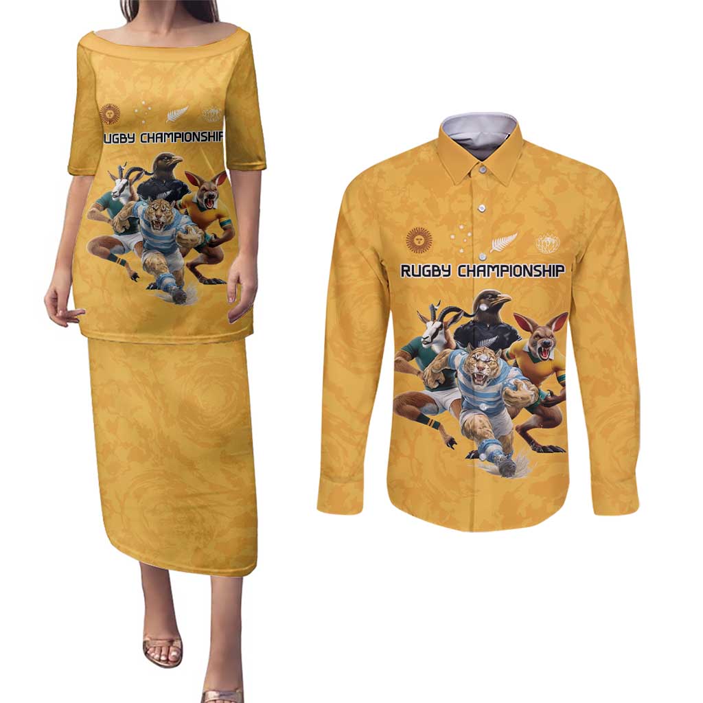 Custom Rugby Southern Hemisphere Couples Matching Puletasi and Long Sleeve Button Shirt Argentina AUNZ South Africa Mascot Gold - Polynesian Pride
