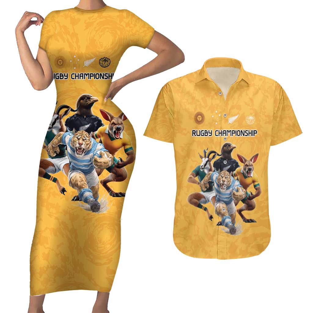 Custom Rugby Southern Hemisphere Couples Matching Short Sleeve Bodycon Dress and Hawaiian Shirt Argentina AUNZ South Africa Mascot Gold - Polynesian Pride