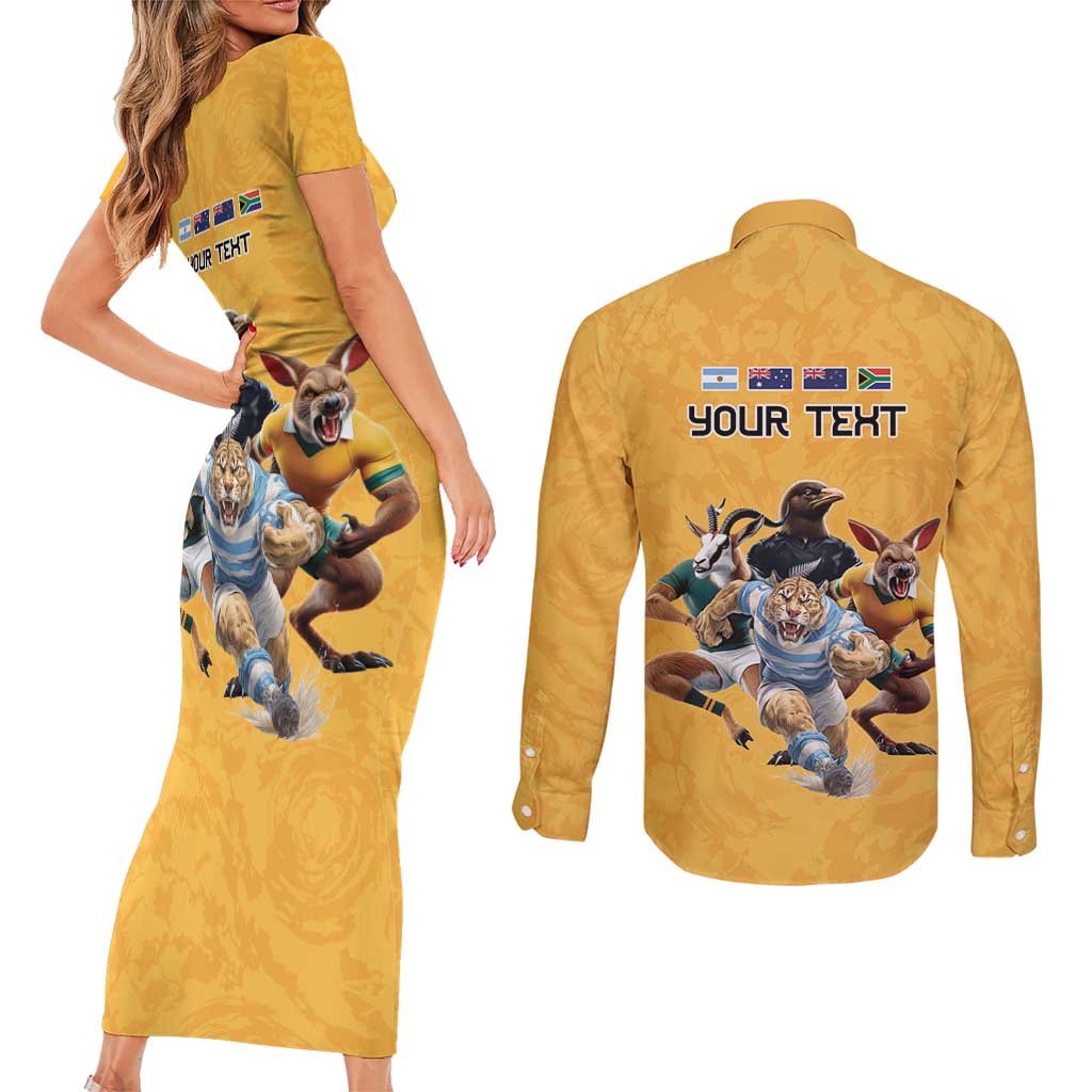 Custom Rugby Southern Hemisphere Couples Matching Short Sleeve Bodycon Dress and Long Sleeve Button Shirt Argentina AUNZ South Africa Mascot Gold - Polynesian Pride
