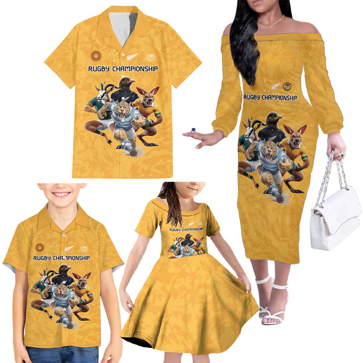 Custom Rugby Southern Hemisphere Family Matching Off The Shoulder Long Sleeve Dress and Hawaiian Shirt Argentina AUNZ South Africa Mascot Gold - Polynesian Pride
