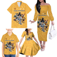 Custom Rugby Southern Hemisphere Family Matching Off The Shoulder Long Sleeve Dress and Hawaiian Shirt Argentina AUNZ South Africa Mascot Gold - Polynesian Pride