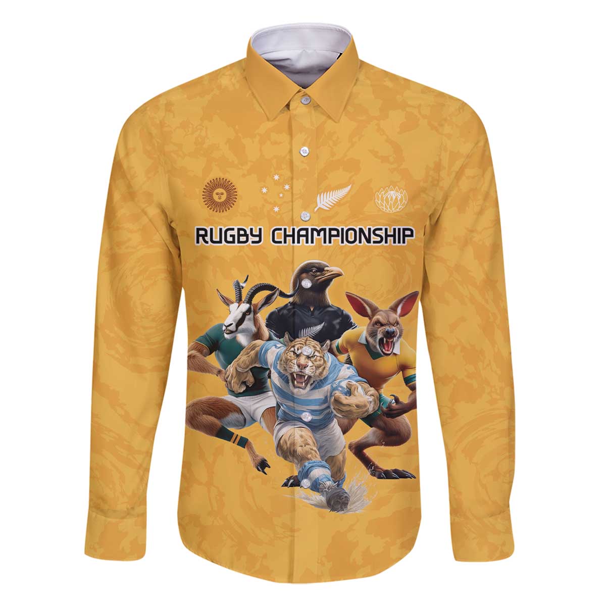 Custom Rugby Southern Hemisphere Family Matching Off The Shoulder Long Sleeve Dress and Hawaiian Shirt Argentina AUNZ South Africa Mascot Gold - Polynesian Pride