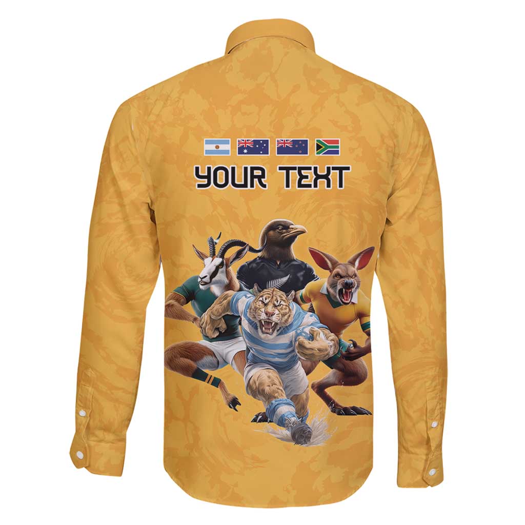 Custom Rugby Southern Hemisphere Family Matching Off Shoulder Short Dress and Hawaiian Shirt Argentina AUNZ South Africa Mascot Gold - Polynesian Pride