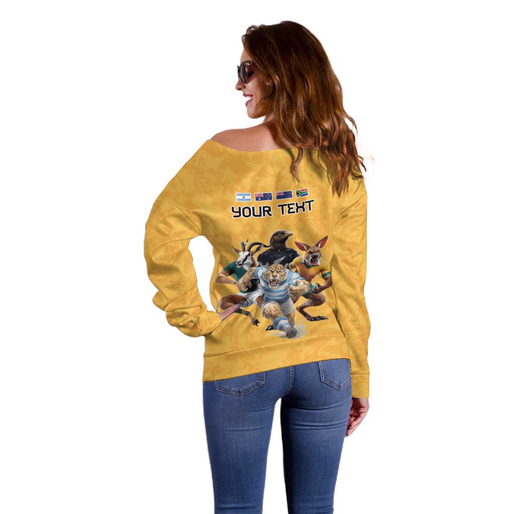 Custom Rugby Southern Hemisphere Off Shoulder Sweater Argentina AUNZ South Africa Mascot Gold - Polynesian Pride