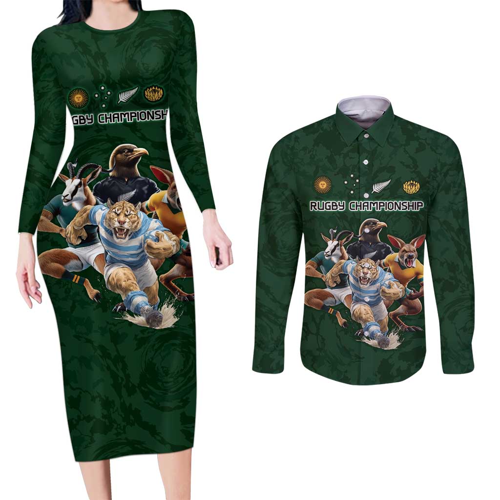 Custom Rugby Southern Hemisphere Couples Matching Long Sleeve Bodycon Dress and Long Sleeve Button Shirt Argentina AUNZ South Africa Mascot Green - Polynesian Pride