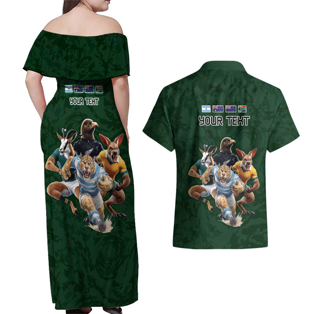 Custom Rugby Southern Hemisphere Couples Matching Off Shoulder Maxi Dress and Hawaiian Shirt Argentina AUNZ South Africa Mascot Green - Polynesian Pride