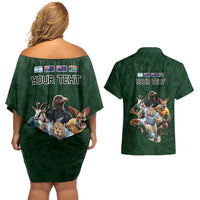 Custom Rugby Southern Hemisphere Couples Matching Off Shoulder Short Dress and Hawaiian Shirt Argentina AUNZ South Africa Mascot Green - Polynesian Pride