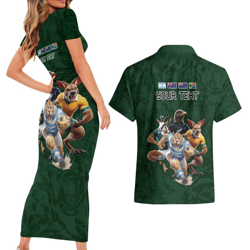 Custom Rugby Southern Hemisphere Couples Matching Short Sleeve Bodycon Dress and Hawaiian Shirt Argentina AUNZ South Africa Mascot Green - Polynesian Pride