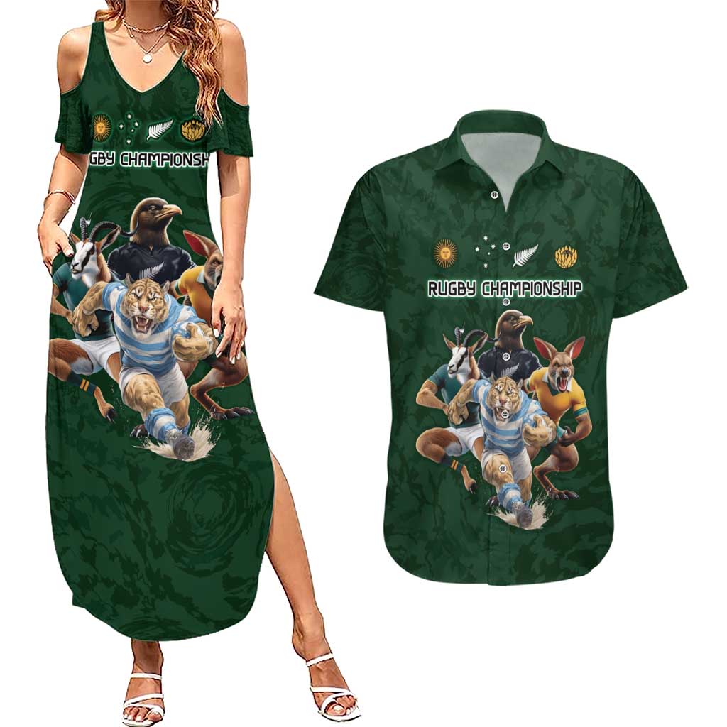 Custom Rugby Southern Hemisphere Couples Matching Summer Maxi Dress and Hawaiian Shirt Argentina AUNZ South Africa Mascot Green - Polynesian Pride