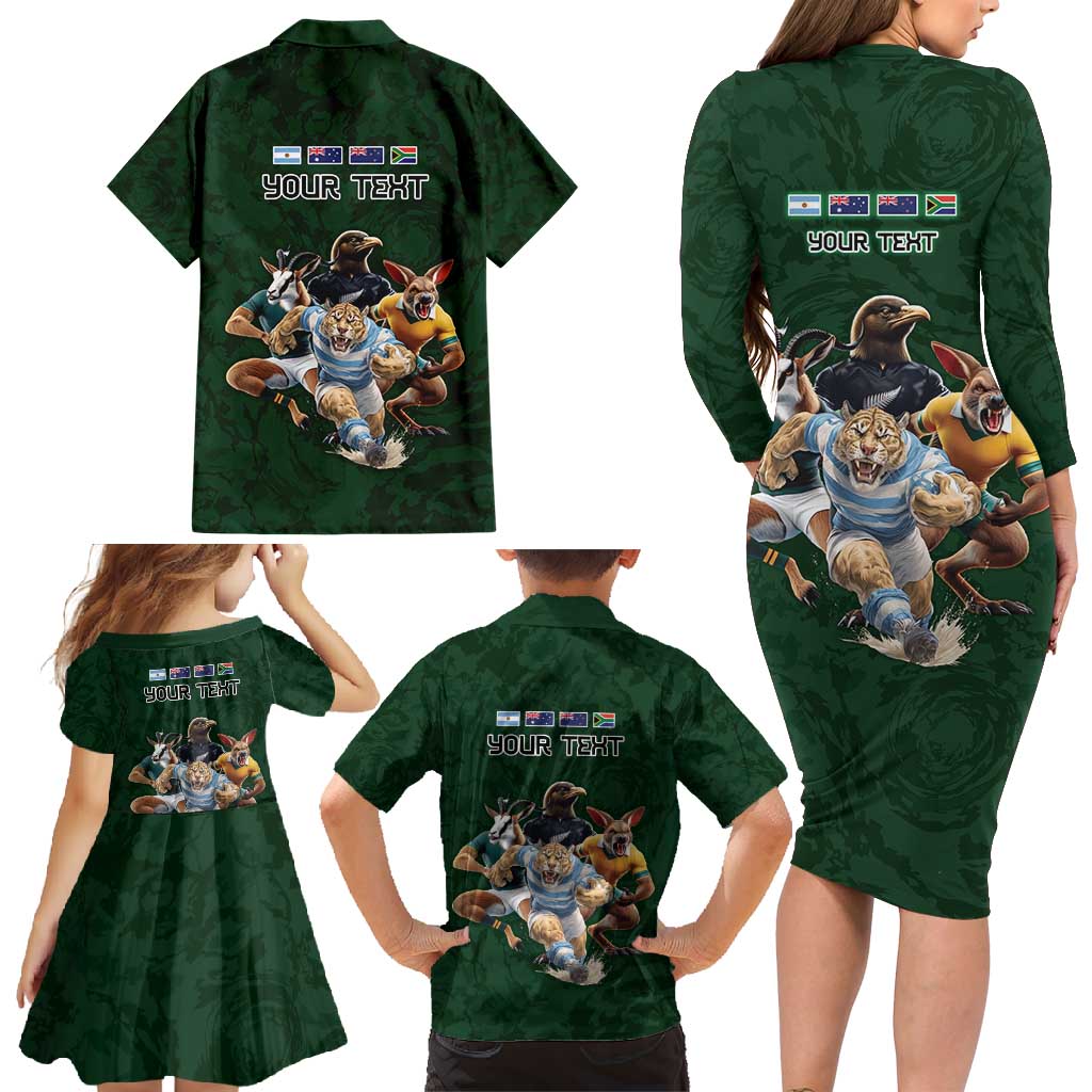Custom Rugby Southern Hemisphere Family Matching Long Sleeve Bodycon Dress and Hawaiian Shirt Argentina AUNZ South Africa Mascot Green - Polynesian Pride