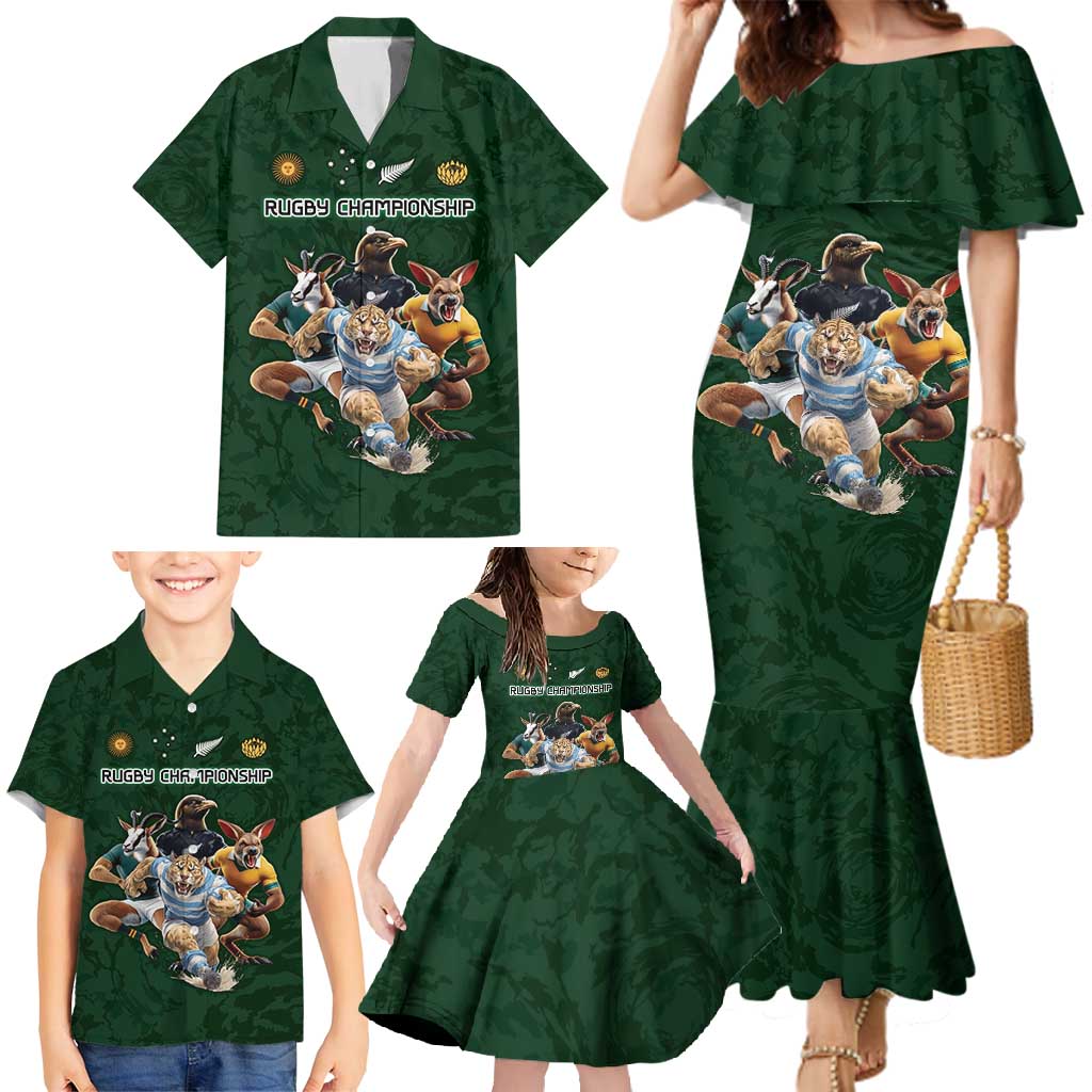 Custom Rugby Southern Hemisphere Family Matching Mermaid Dress and Hawaiian Shirt Argentina AUNZ South Africa Mascot Green - Polynesian Pride