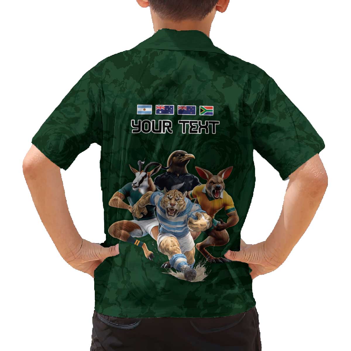 Custom Rugby Southern Hemisphere Family Matching Off The Shoulder Long Sleeve Dress and Hawaiian Shirt Argentina AUNZ South Africa Mascot Green - Polynesian Pride
