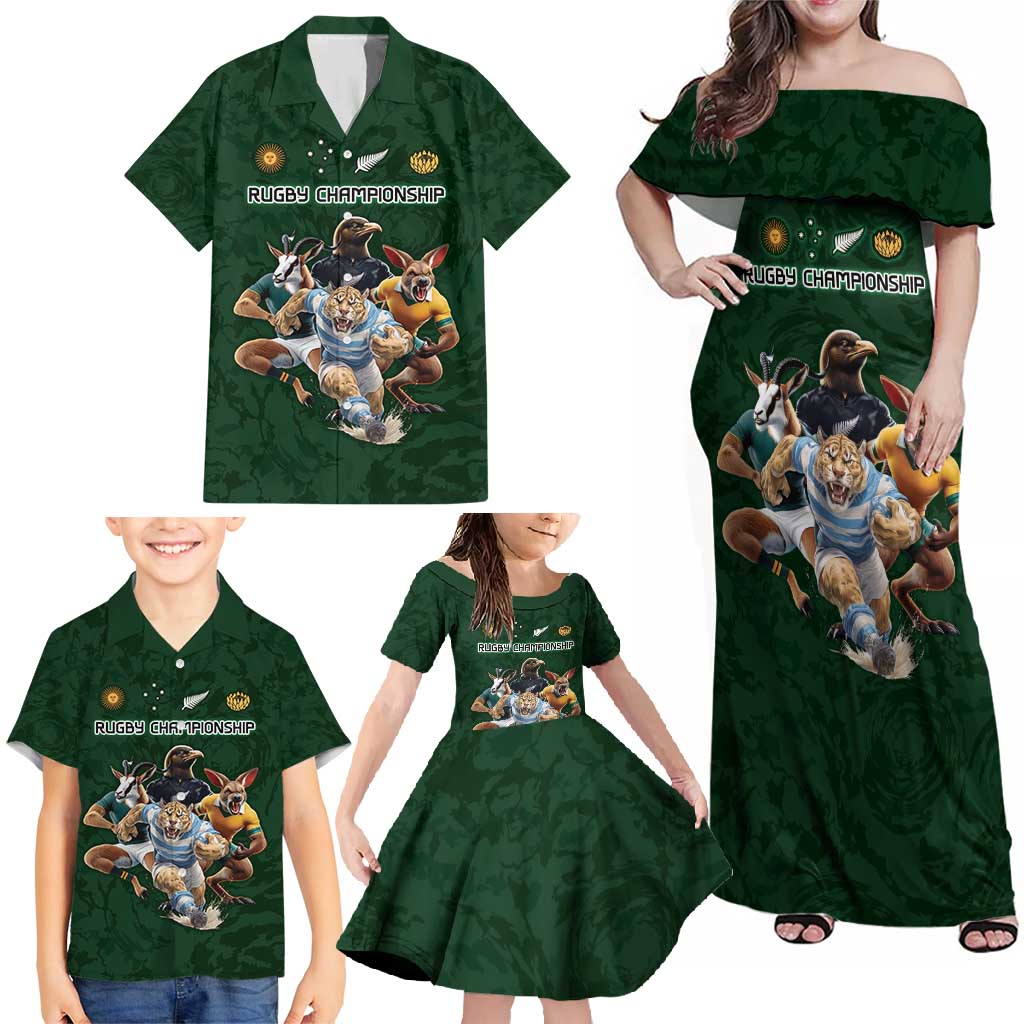 Custom Rugby Southern Hemisphere Family Matching Off Shoulder Maxi Dress and Hawaiian Shirt Argentina AUNZ South Africa Mascot Green - Polynesian Pride