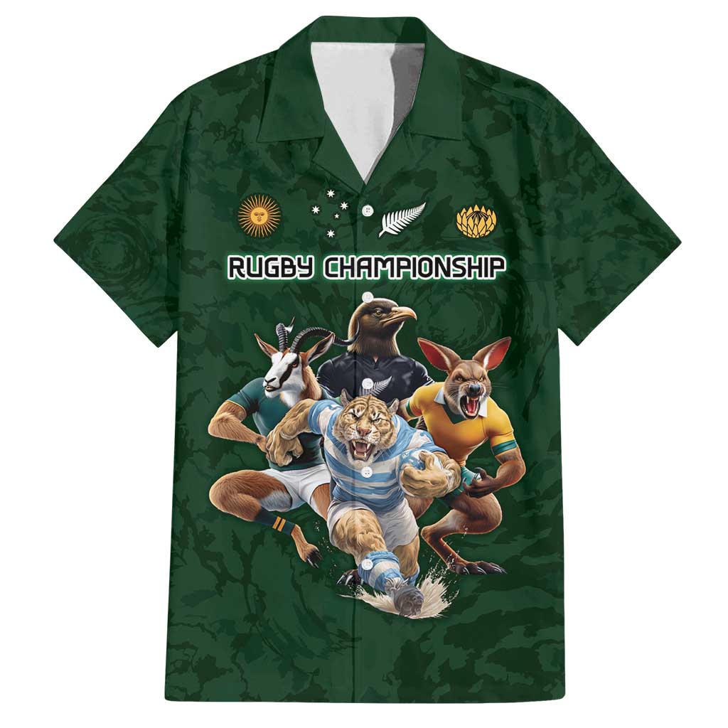 Custom Rugby Southern Hemisphere Family Matching Off Shoulder Short Dress and Hawaiian Shirt Argentina AUNZ South Africa Mascot Green - Polynesian Pride