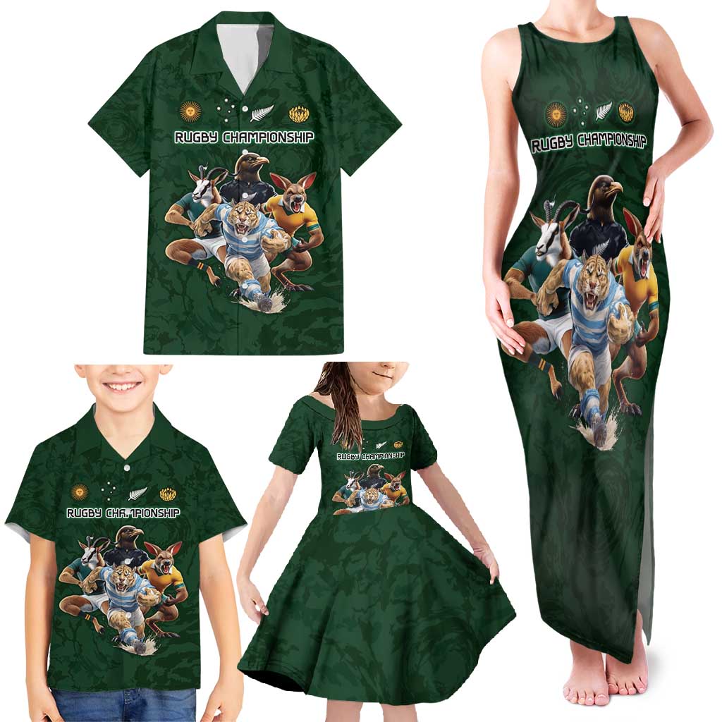 Custom Rugby Southern Hemisphere Family Matching Tank Maxi Dress and Hawaiian Shirt Argentina AUNZ South Africa Mascot Green - Polynesian Pride