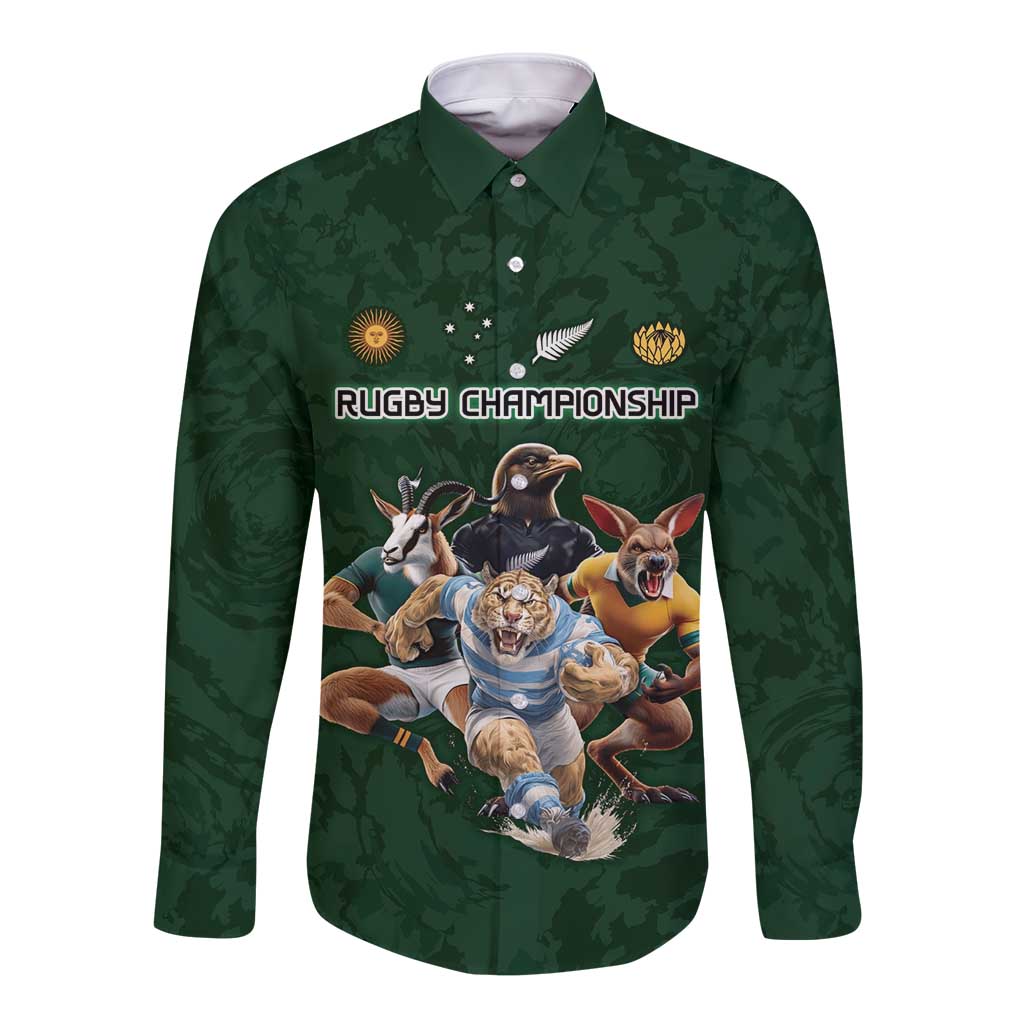 Custom Rugby Southern Hemisphere Long Sleeve Button Shirt Argentina AUNZ South Africa Mascot Green - Polynesian Pride
