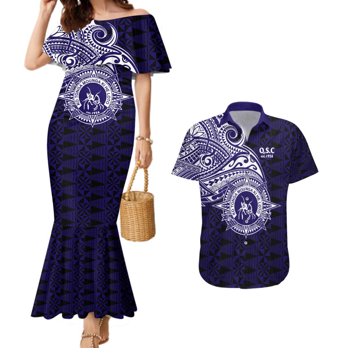 Tonga Queen Salote College 100th Years Couples Matching Mermaid Dress and Hawaiian Shirt Est 1926 Tongan Ngatu Tapa - Polynesian Pride