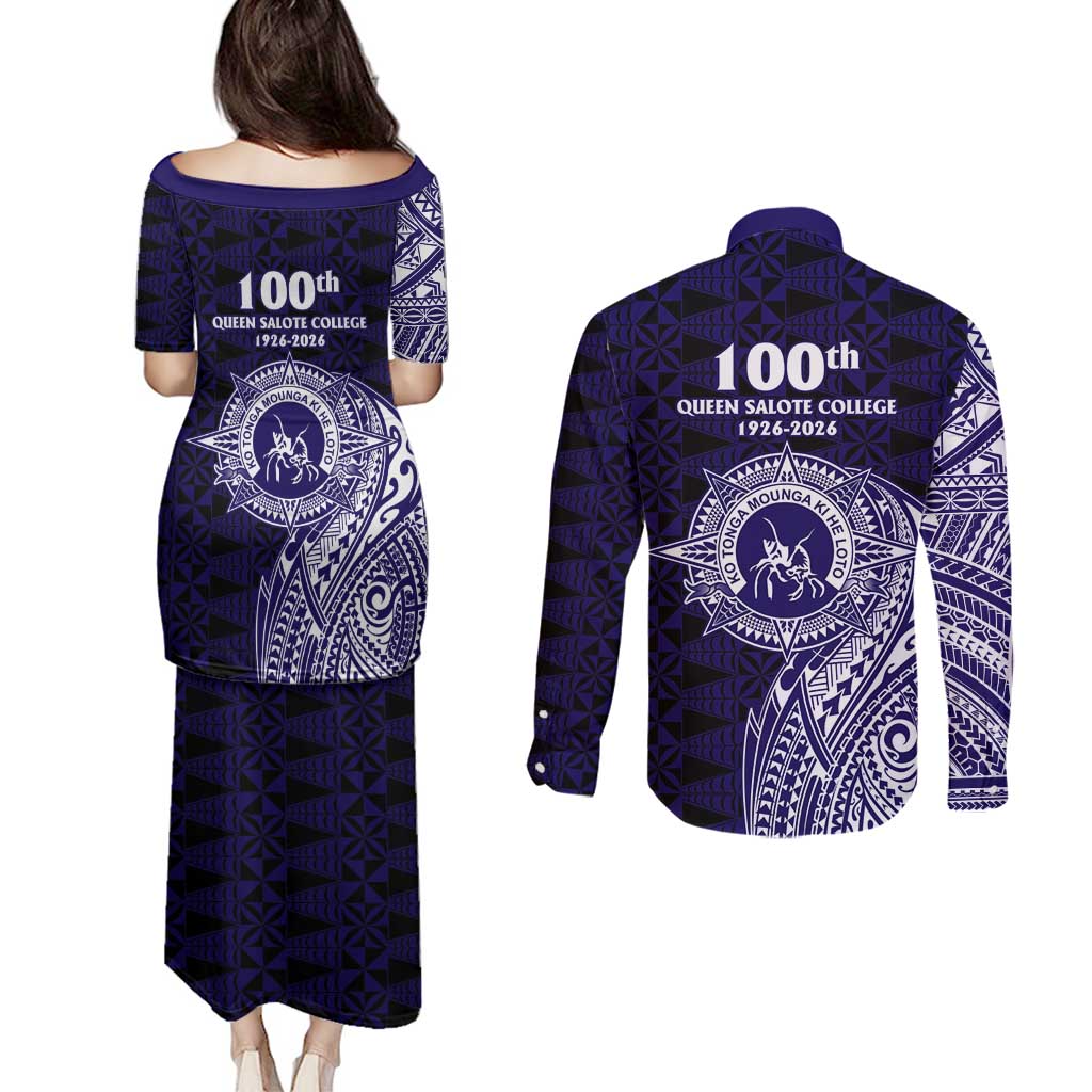 Tonga Queen Salote College 100th Years Couples Matching Puletasi and Long Sleeve Button Shirt Est 1926 Tongan Ngatu Tapa LT9 - Polynesian Pride