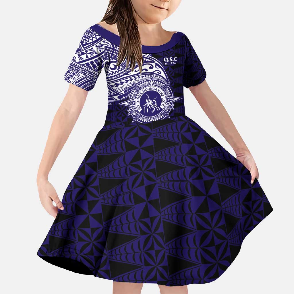 Tonga Queen Salote College 100th Years Family Matching Off Shoulder Maxi Dress and Hawaiian Shirt Est 1926 Tongan Ngatu Tapa LT9 Daughter's Dress Blue - Polynesian Pride