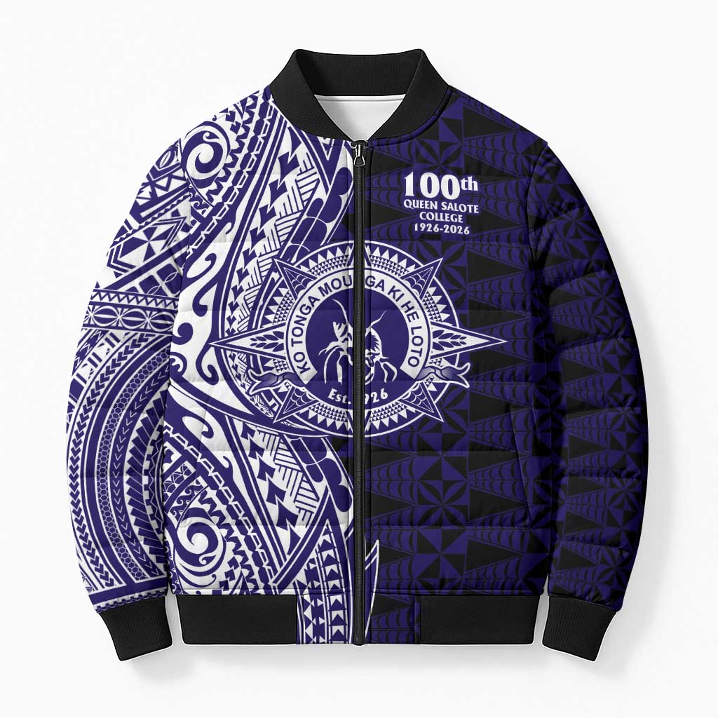 Tonga Queen Salote College 100th Years Bomber Puffer Jacket Blue Tonga Kupesi Uniquely Pacific Art LT9 Unisex Blue - Polynesian Pride
