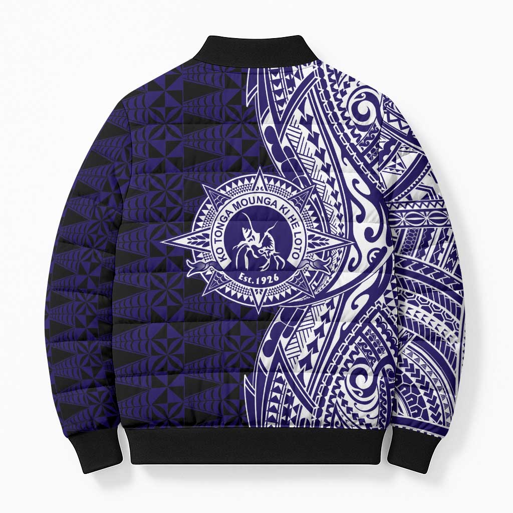 Tonga Queen Salote College 100th Years Bomber Puffer Jacket Blue Tonga Kupesi Uniquely Pacific Art LT9 - Polynesian Pride