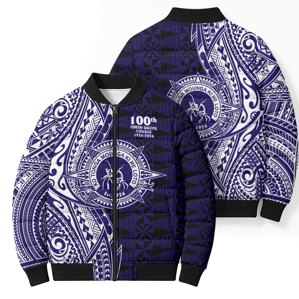 Tonga Queen Salote College 100th Years Bomber Puffer Jacket Blue Tonga Kupesi Uniquely Pacific Art LT9 - Polynesian Pride
