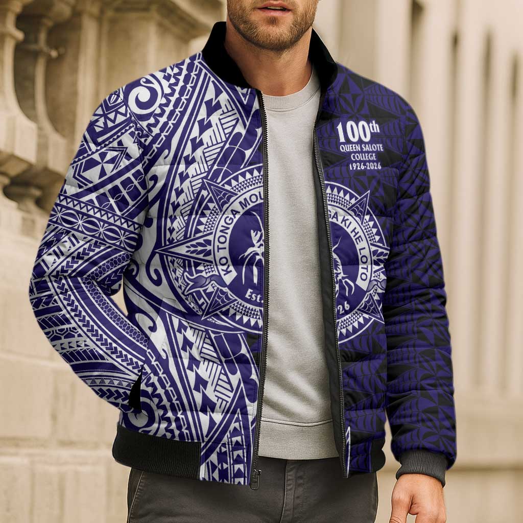 Tonga Queen Salote College 100th Years Bomber Puffer Jacket Blue Tonga Kupesi Uniquely Pacific Art LT9 - Polynesian Pride