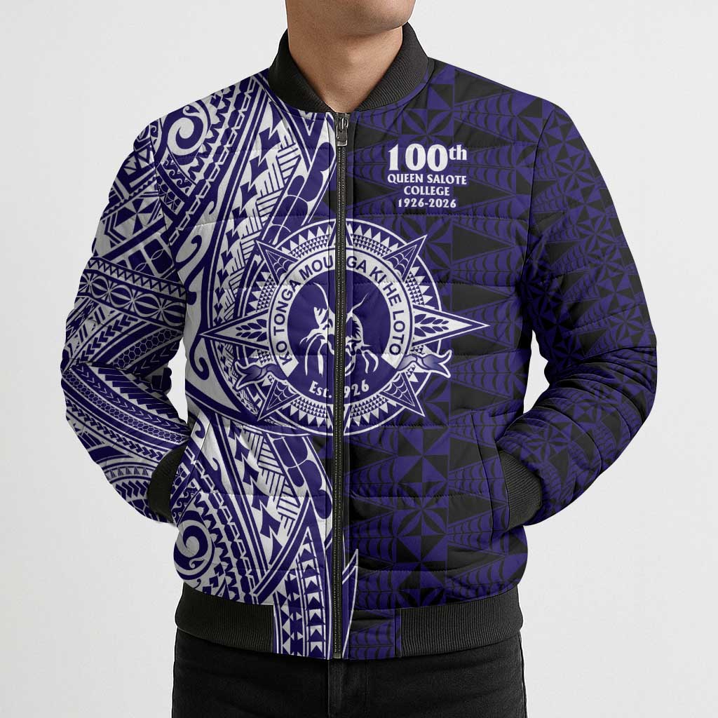 Tonga Queen Salote College 100th Years Bomber Puffer Jacket Blue Tonga Kupesi Uniquely Pacific Art LT9 - Polynesian Pride