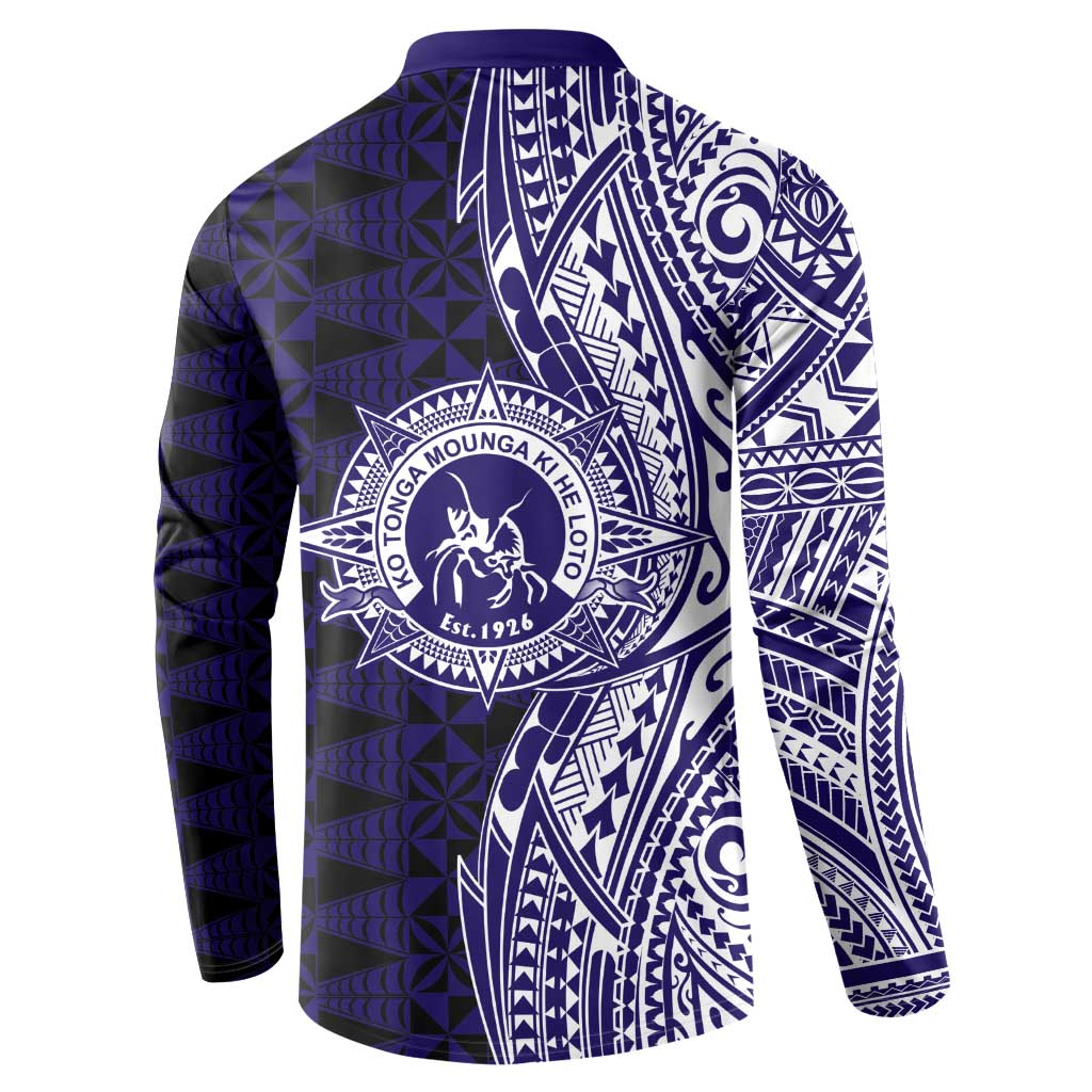 Tonga Queen Salote College 100th Years Button Sweatshirt Blue Tonga Kupesi Uniquely Pacific Art - Polynesian Pride