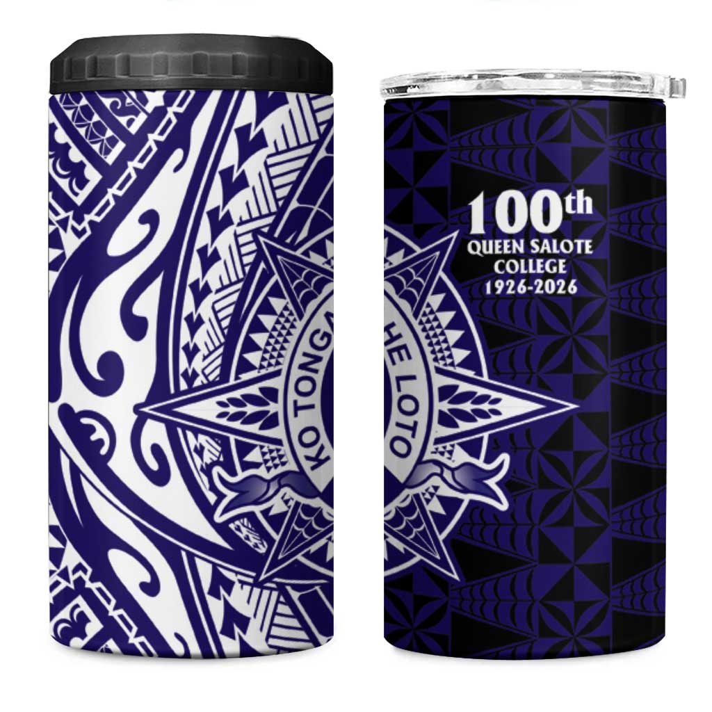 Tonga Queen Salote College 100th Years 4 in 1 Can Cooler Tumbler Blue Tonga Kupesi Uniquely Pacific Art - Polynesian Pride