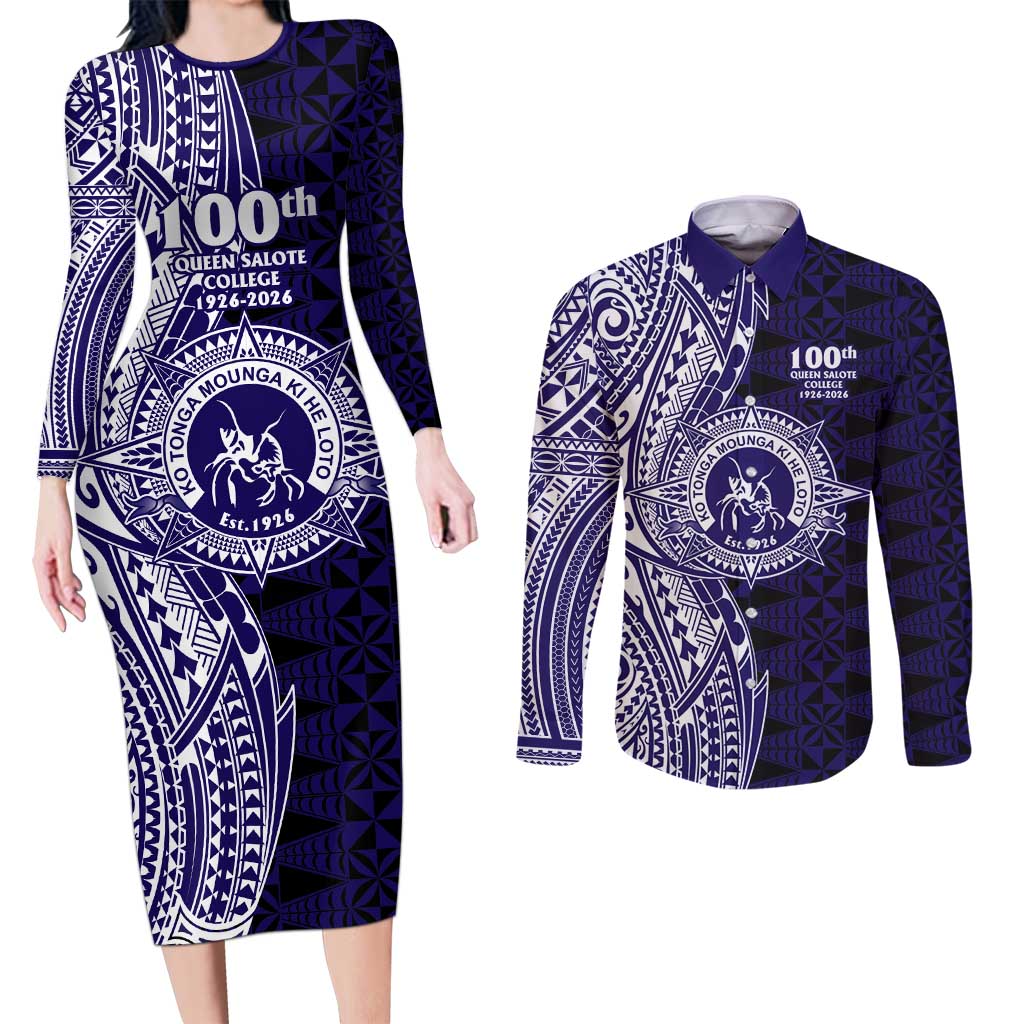 Tonga Queen Salote College 100th Years Couples Matching Long Sleeve Bodycon Dress and Long Sleeve Button Shirt Blue Tonga Kupesi Uniquely Pacific Art LT9 Blue - Polynesian Pride