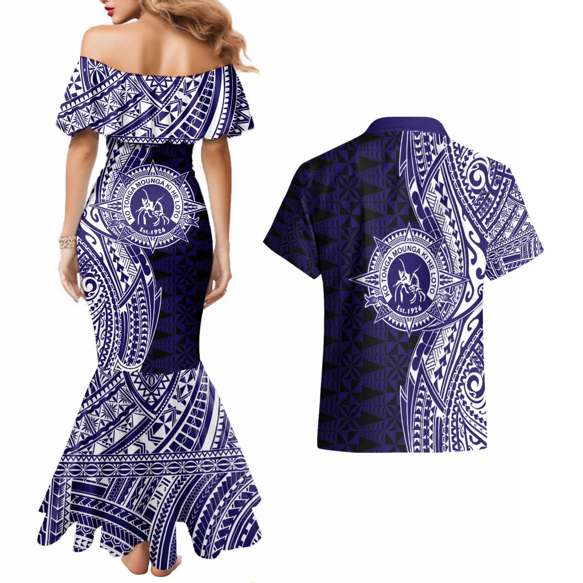 Tonga Queen Salote College 100th Years Couples Matching Mermaid Dress and Hawaiian Shirt Blue Tonga Kupesi Uniquely Pacific Art - Polynesian Pride