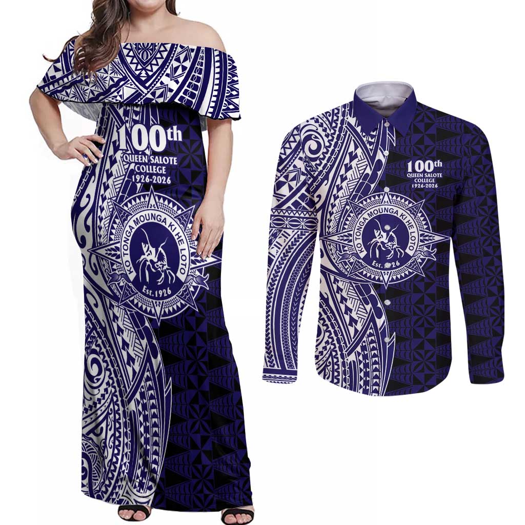 Tonga Queen Salote College 100th Years Couples Matching Off Shoulder Maxi Dress and Long Sleeve Button Shirt Blue Tonga Kupesi Uniquely Pacific Art LT9 Blue - Polynesian Pride