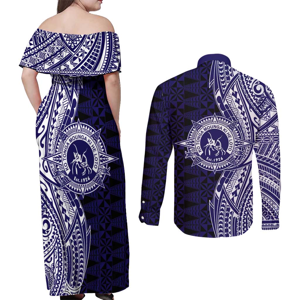 Tonga Queen Salote College 100th Years Couples Matching Off Shoulder Maxi Dress and Long Sleeve Button Shirt Blue Tonga Kupesi Uniquely Pacific Art LT9 - Polynesian Pride