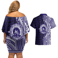 Tonga Queen Salote College 100th Years Couples Matching Off Shoulder Short Dress and Hawaiian Shirt Blue Tonga Kupesi Uniquely Pacific Art - Polynesian Pride
