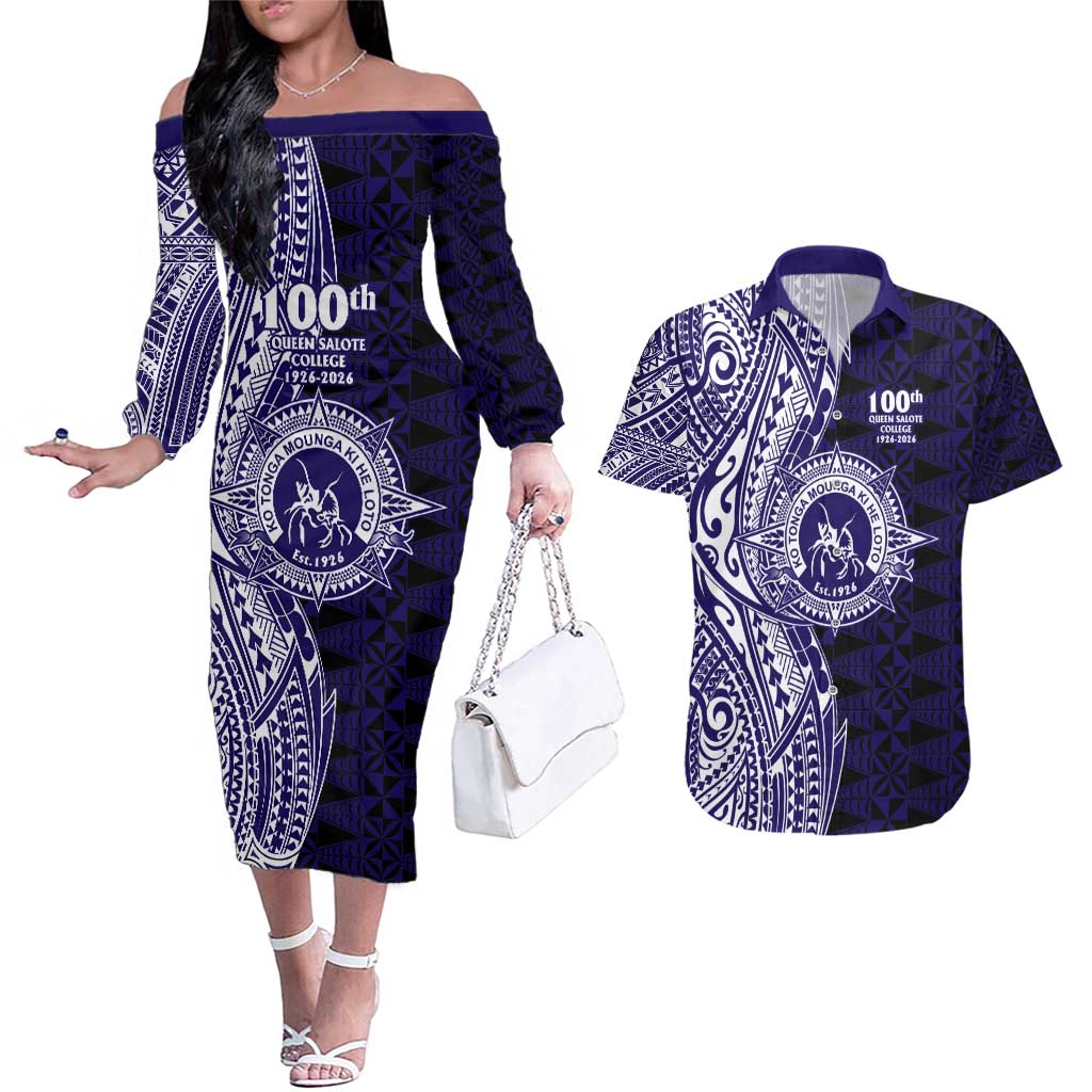 Tonga Queen Salote College 100th Years Couples Matching Off The Shoulder Long Sleeve Dress and Hawaiian Shirt Blue Tonga Kupesi Uniquely Pacific Art - Polynesian Pride